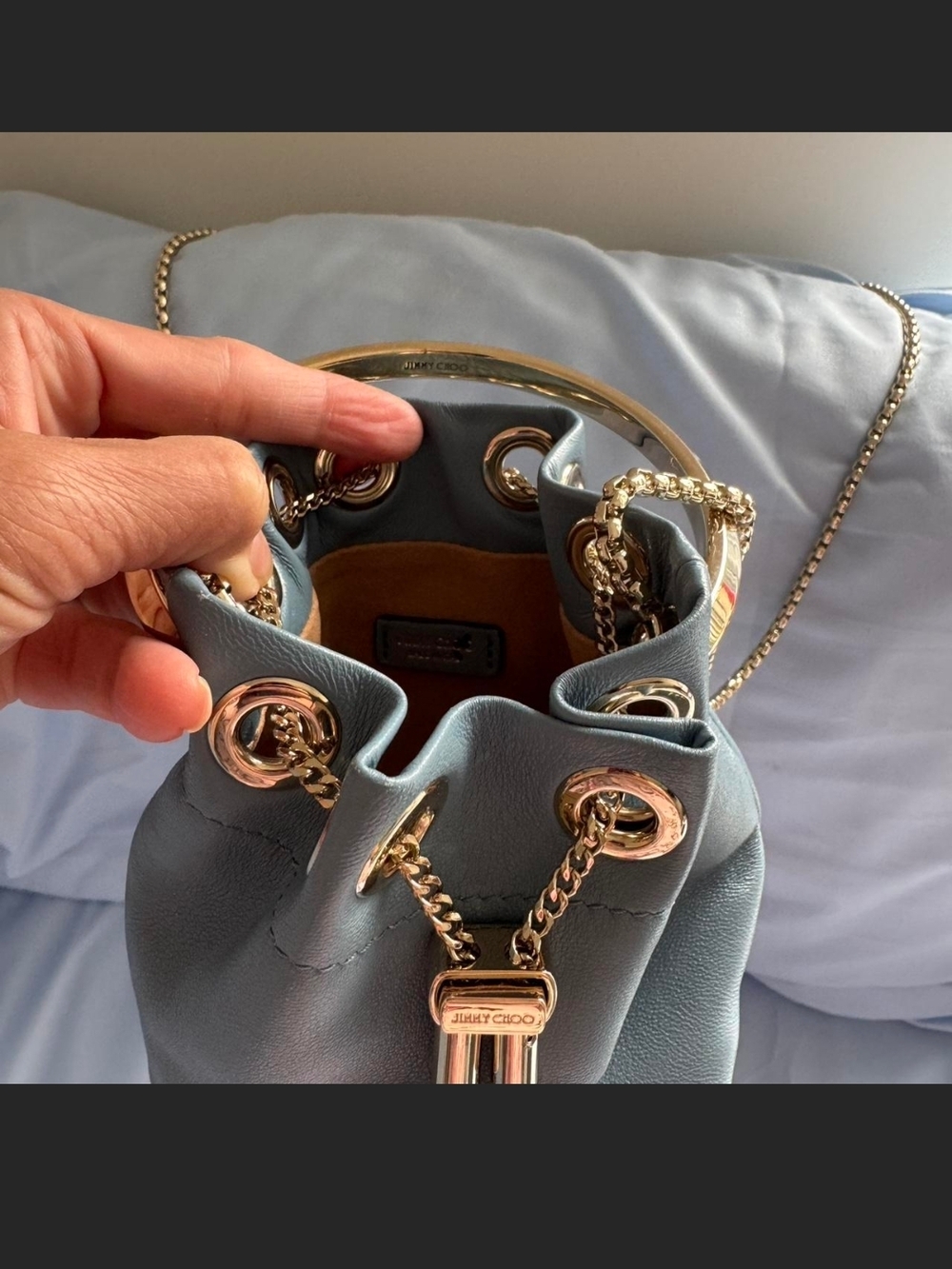 Jimmy Choo Powder Blue Leather Mini Ring-Handle Drawstring Bag - Picture 5 of 5